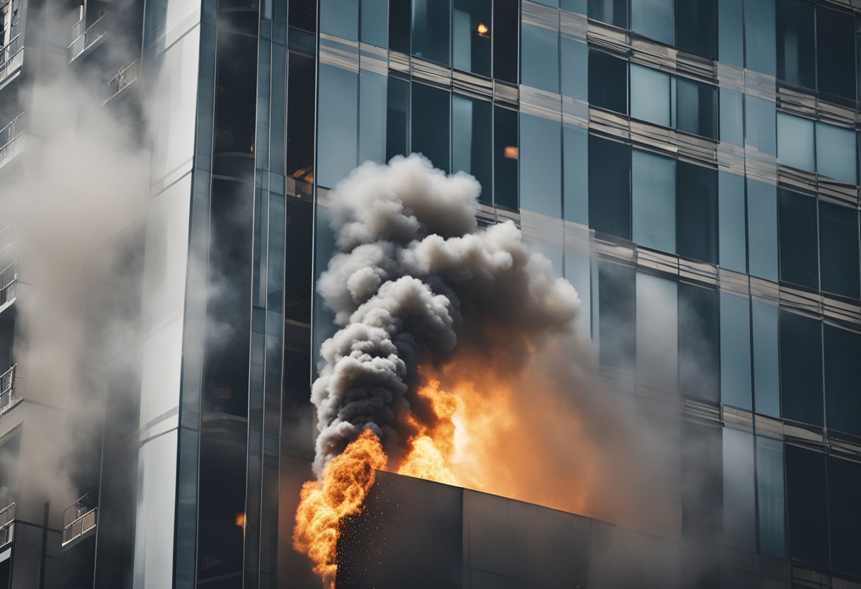 An elevator smoke curtain deploys as flames and smoke engulf a high-rise building, containing the fire and protecting occupants