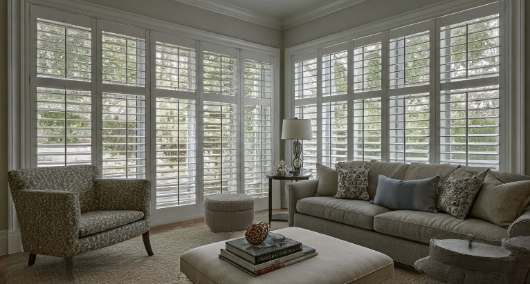 Elegant Living Room with Plantation Shutters Cost in Mind